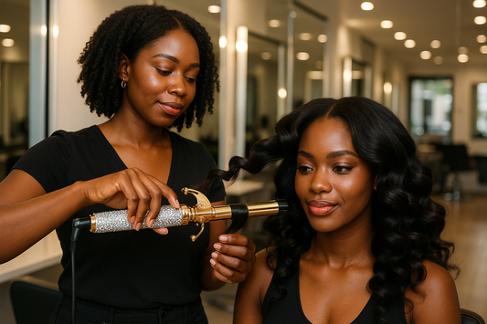 create an image of a melanin hairstylist using bling curly iron set on a melanin woman