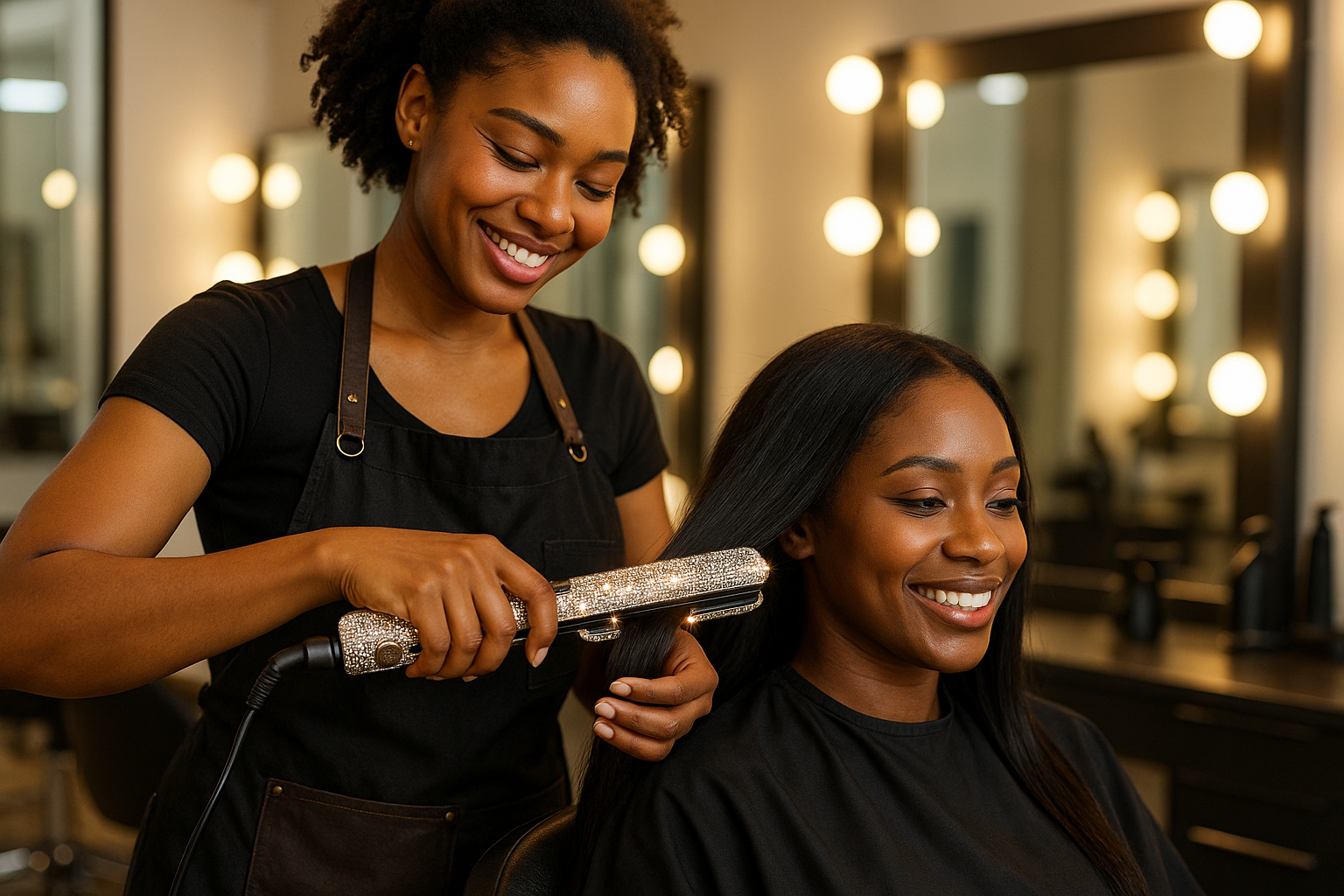 create image of a melanin woman as a hairstylist doing another melanin woman hair using the bling flat iron 
