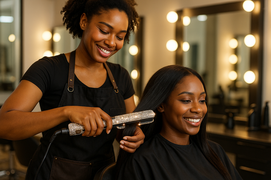 create image of a melanin woman as a hairstylist doing another melanin woman hair using the bling flat iron 