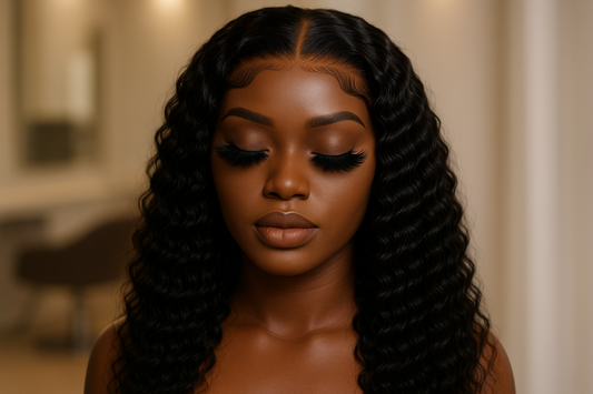 i need three images melanin mannequin with 25 mm mink lashes and in deep wave lace wig