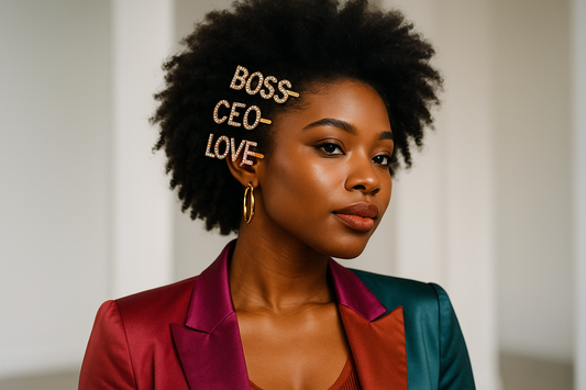 melanin girl in fashion hair clips for example clips named boss , ceo , love