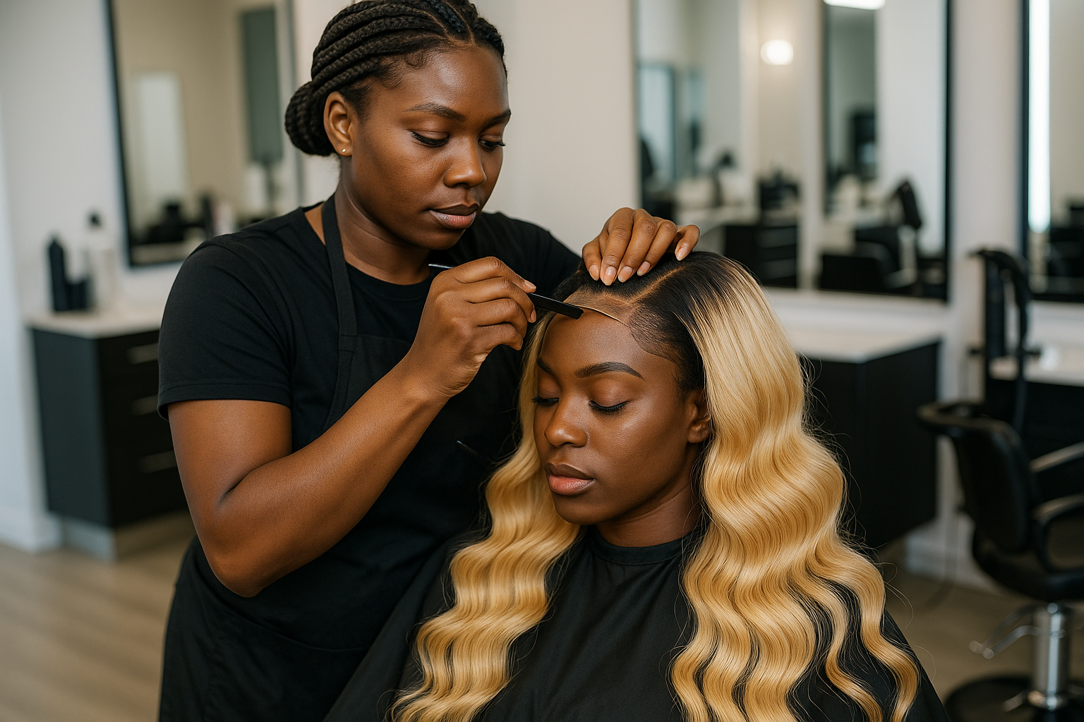 melanin hair stylist installing Blonde Body Wave Bundle & Closure on melanin customer