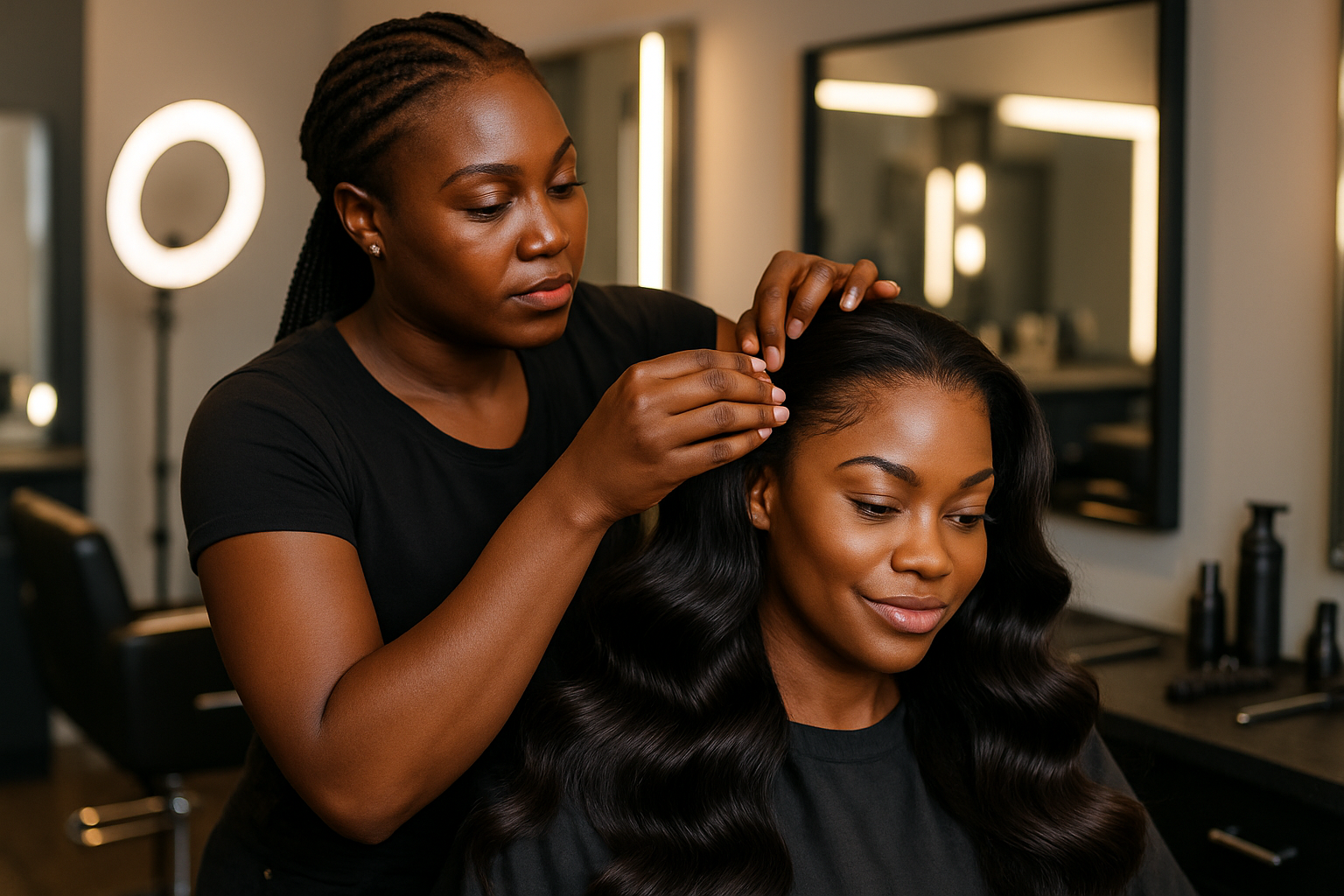 melanin hairstylist  install Body Wave Full Lace Wig on melanin customer