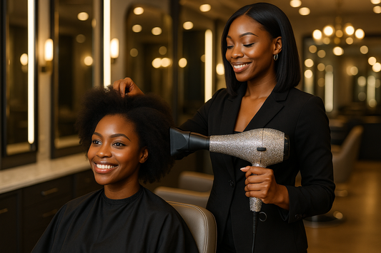 melanin hairstylist using bling hairdryer on melanin customer