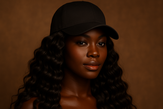 melanin woman in a cap deep wave wig