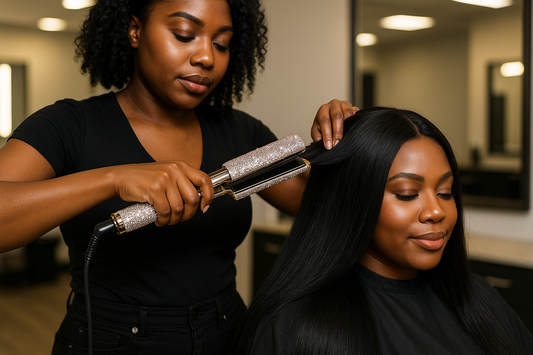 melanin woman using bling flat iron on another melanin woman lady wig
