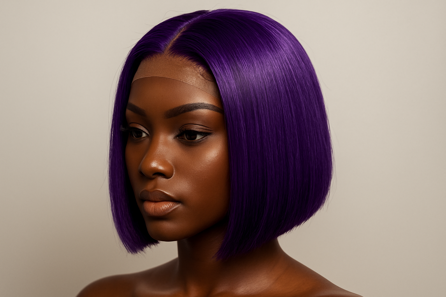 purple lace bob wig on melanin mannequin 