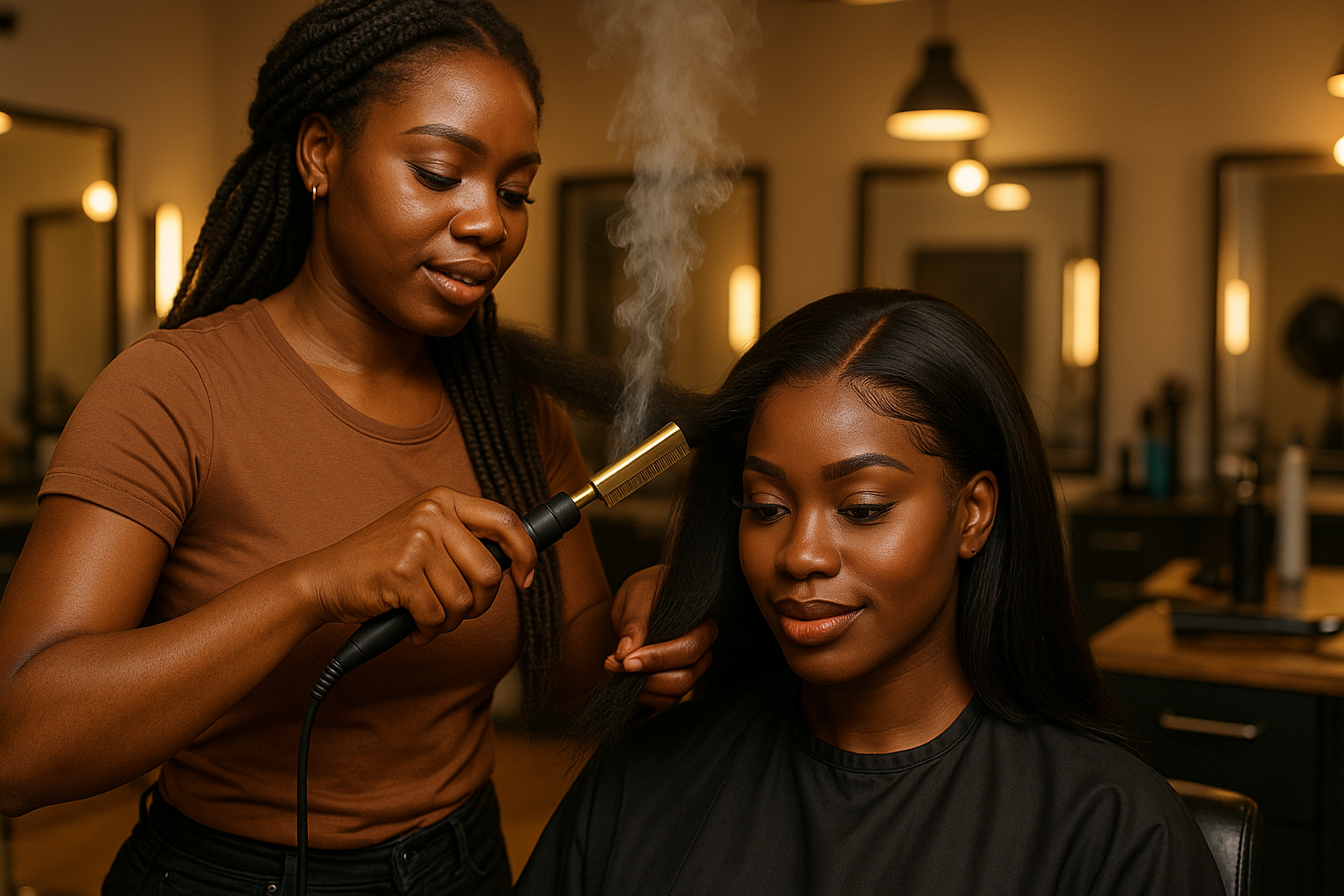 show a melanin woman hot combing and melanin woman lace wig