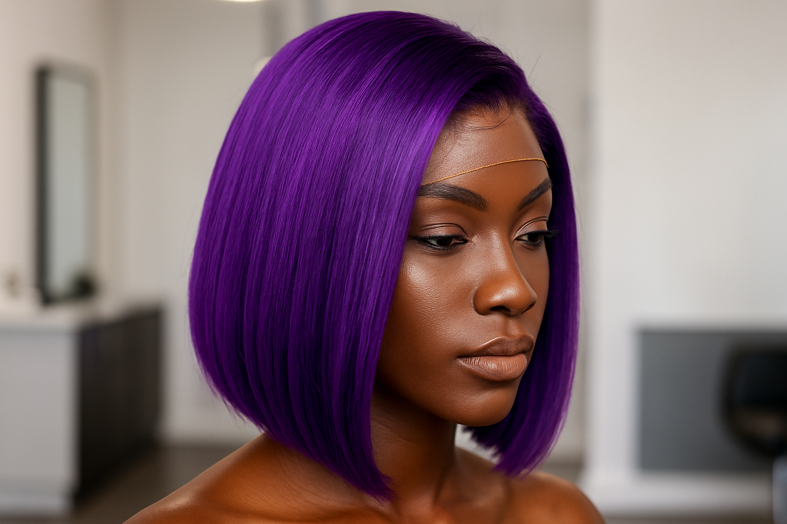 straight hair purple lace bob wig on melanin mannequin not center part