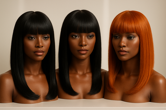  three chinese bang wig on melanin mannequin colors black, burnt orange