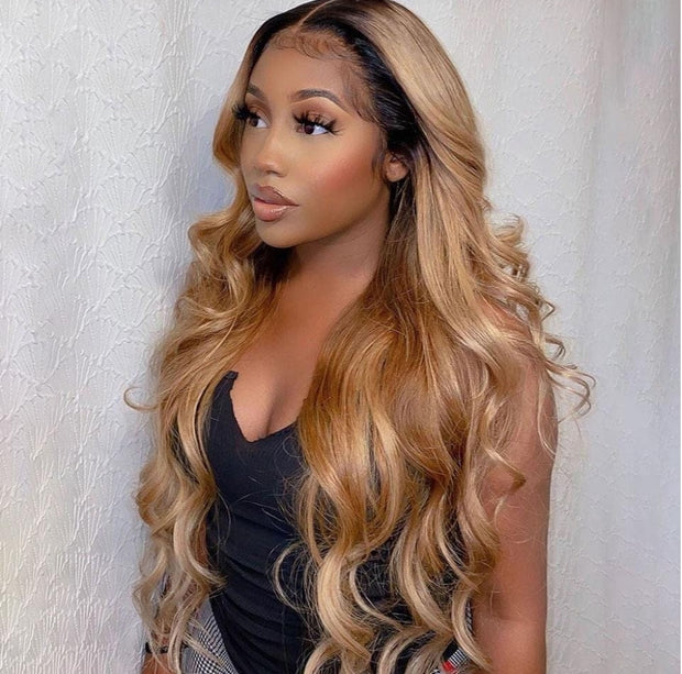 Kash Doll Styled Black Roots Honey Brown Ombre Loose Wave Frontal Wig